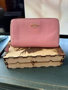 Coach Pink Pebbled Leather Zip Wallet with Gold Logo